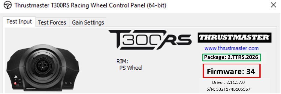 Thrustmaster T300RS Control Panel window listing package, firmware and driver version numbers