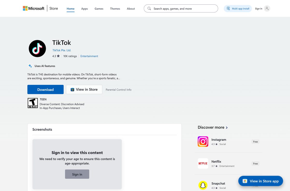 Microsoft Store listing for TikTok with its publisher and rating