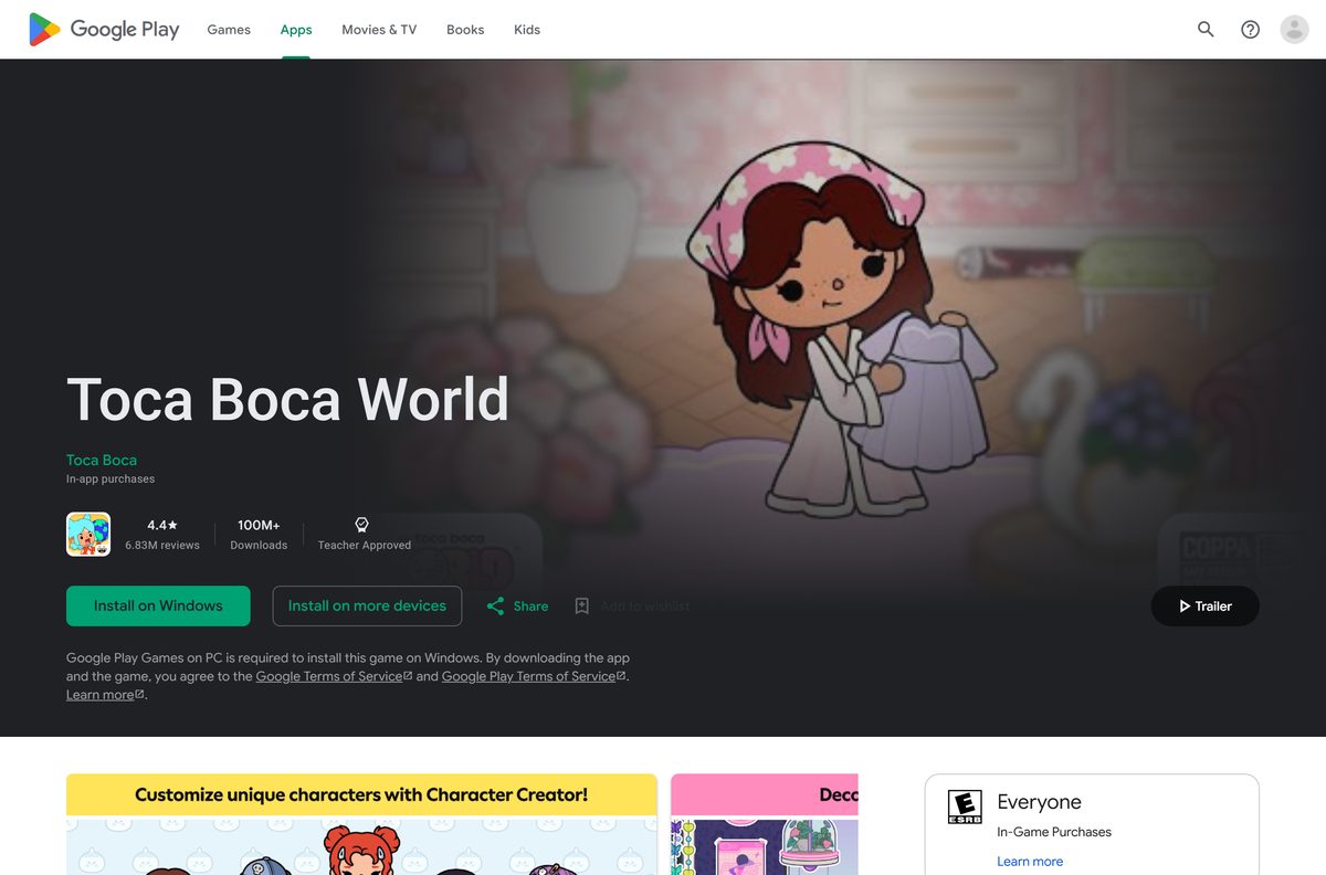 Google Play listing for Toca Boca World with the Install on Windows button