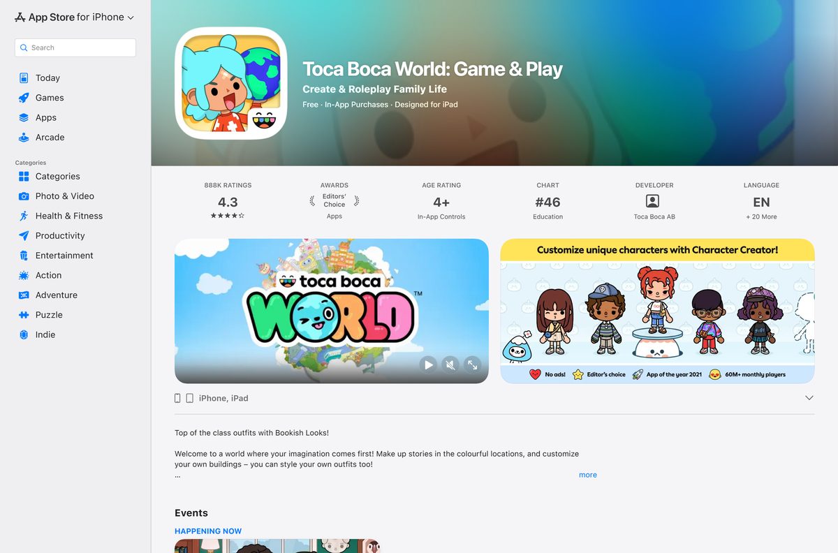 App Store listing for Toca Boca World with its rating and size