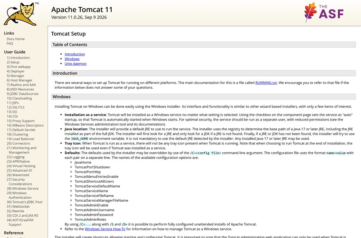 Apache Tomcat setup guide covering the Windows installer and Unix daemon
