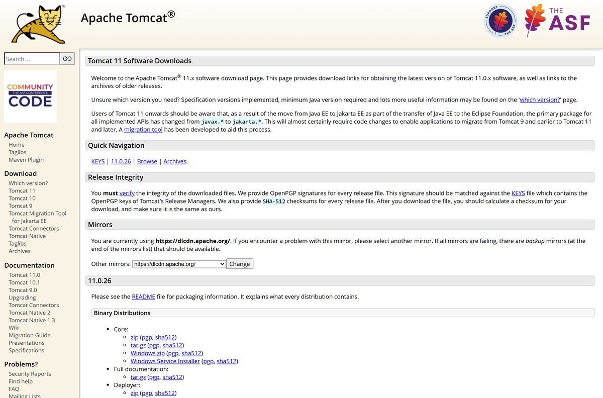 Apache Tomcat 11 download page listing zip, tar.gz and installer files