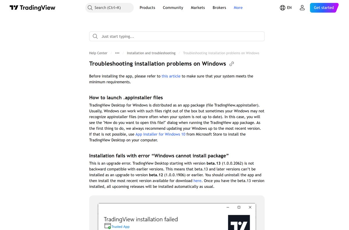 Help page listing Windows installation errors and their documented fixes