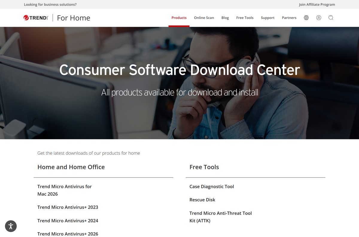 Trend Micro consumer download page listing the 2026 Windows and Mac packages