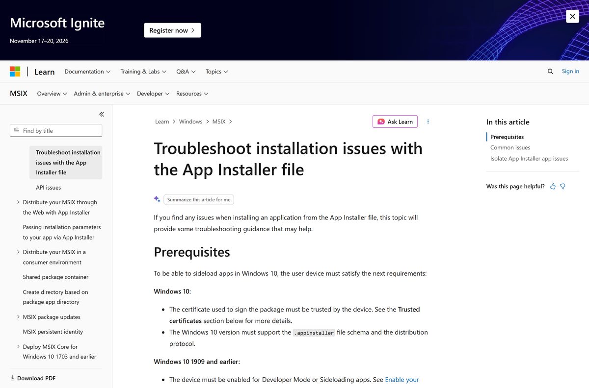Microsoft page listing App Installer sideloading errors and their fixes