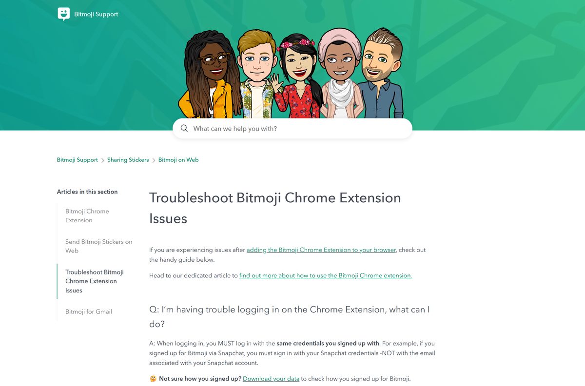 Support page listing Bitmoji sign-in and avatar mismatch fixes