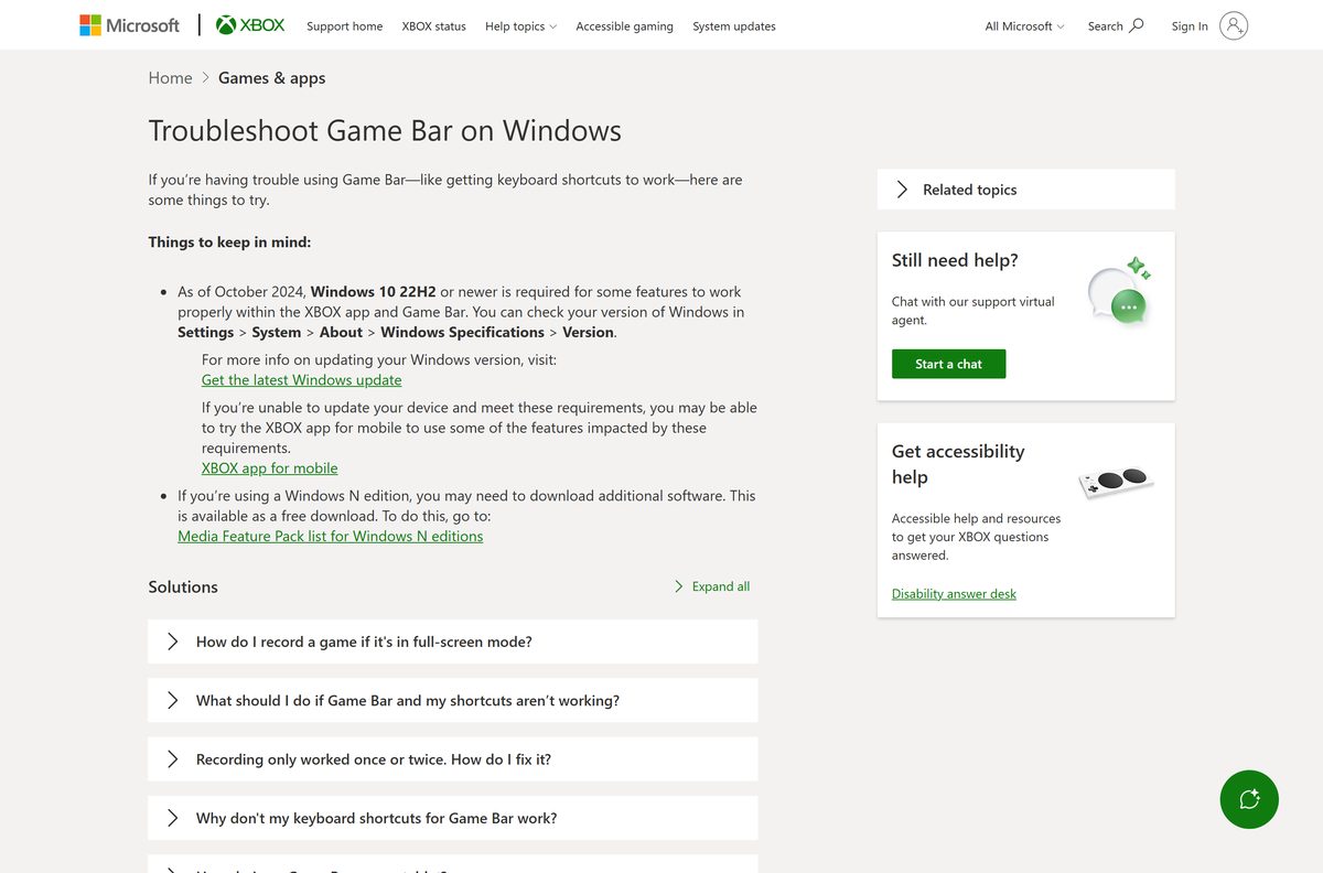 Xbox support page listing fixes for Game Bar shortcuts and recording