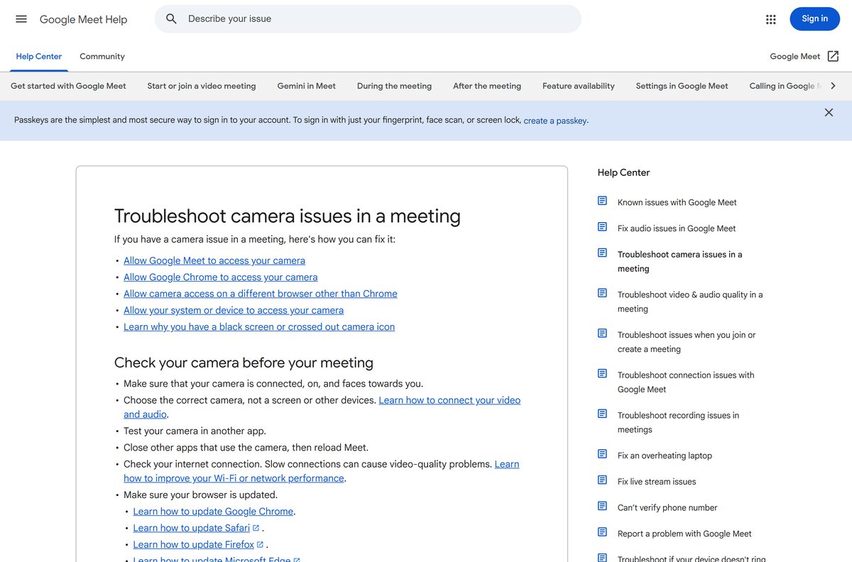 Google help page listing Meet camera fixes for Windows and Mac