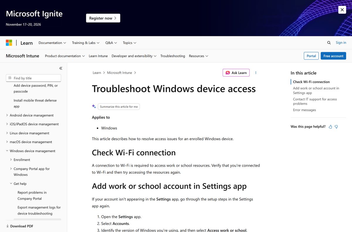 Microsoft support page listing Windows enrollment error messages and fixes