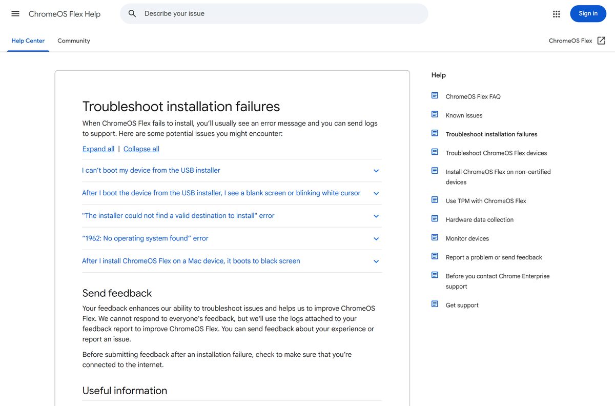 Google troubleshooting page for failed ChromeOS Flex installs
