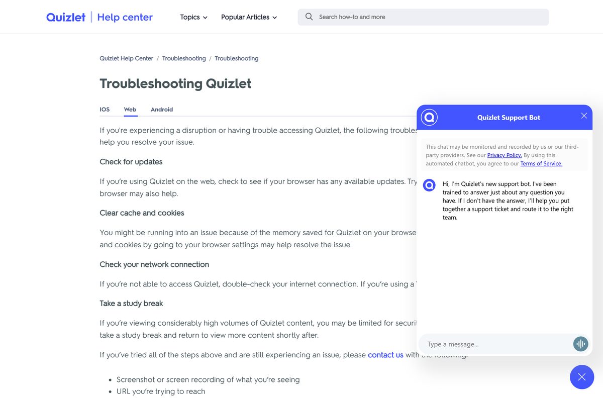 Quizlet troubleshooting steps for the website and phone apps