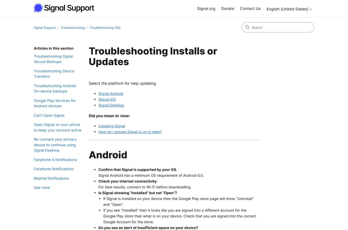 Signal support page with install and update fixes per platform