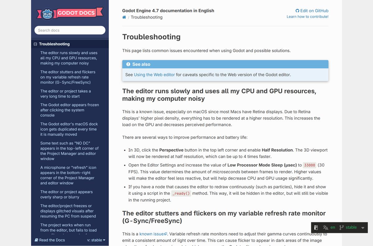 Godot Engine troubleshooting page covering slow starts and freezes