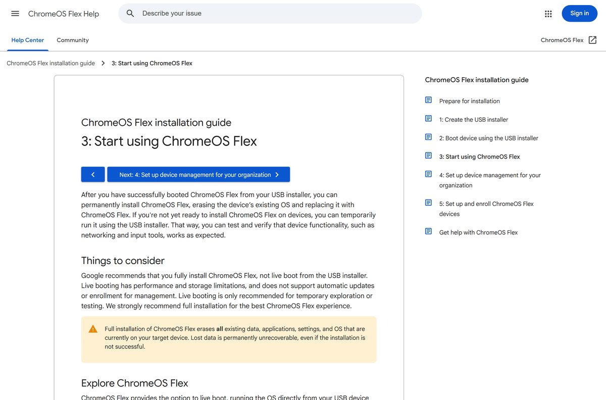Google page explaining Try it first and the full ChromeOS Flex install