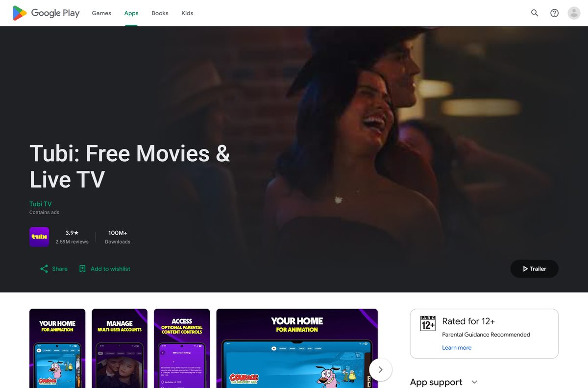 Google Play listing for Tubi with ads notice and downloads
