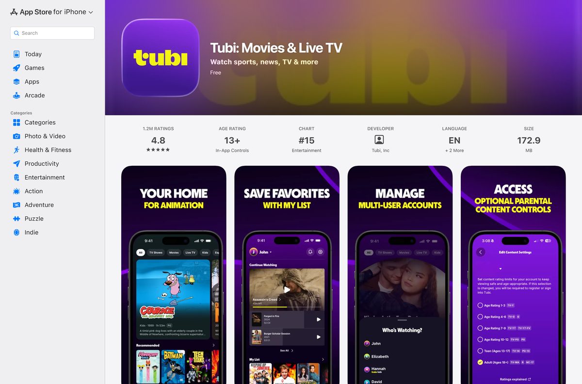 App Store page for Tubi showing supported Apple devices