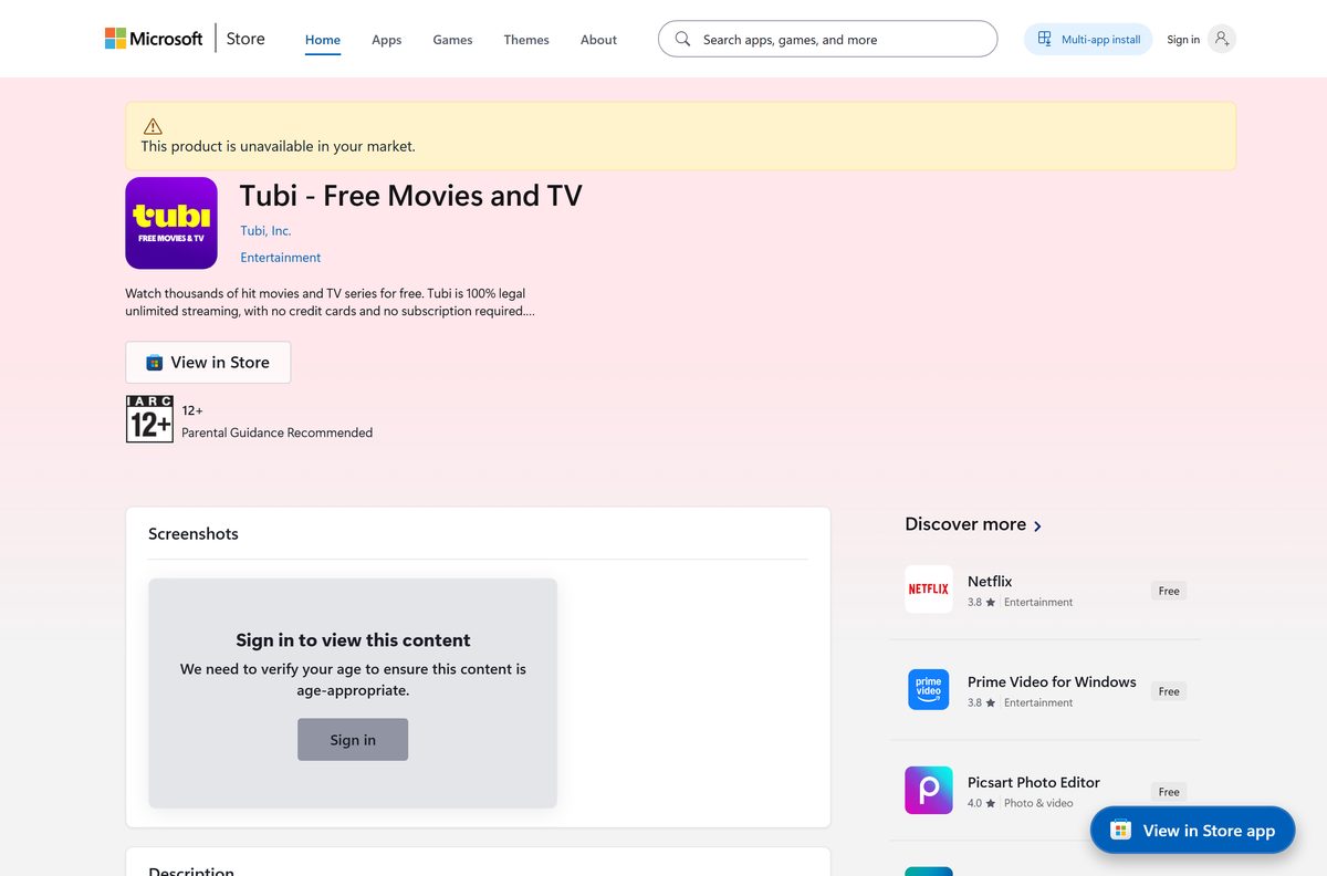 Microsoft Store listing for Tubi with publisher and Get button