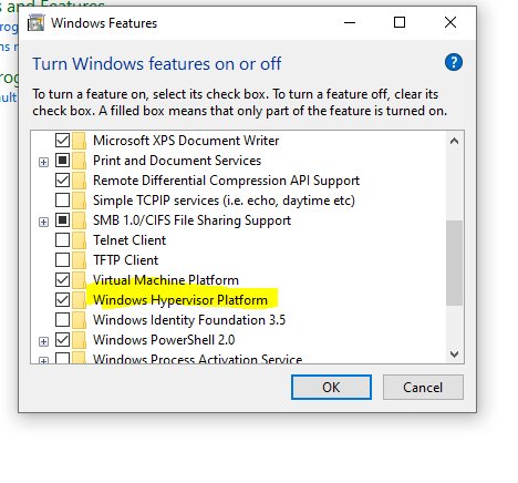 Turn Windows features on or off dialog with Hypervisor Platform checkbox highlighted