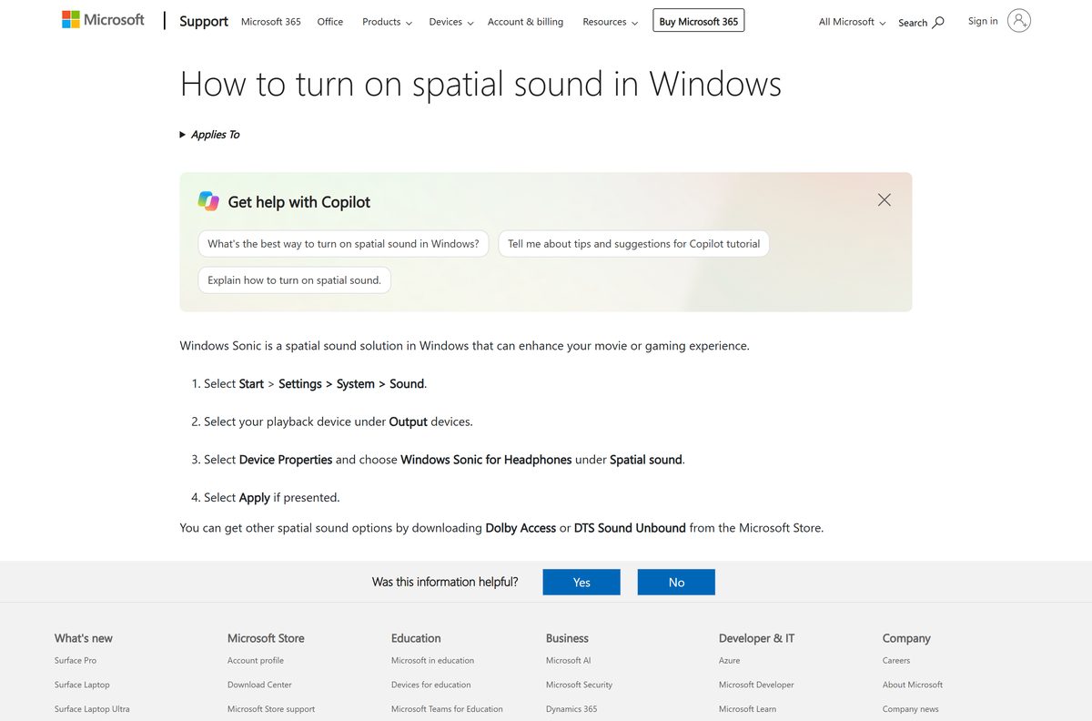 Microsoft support steps for turning on spatial sound in Windows