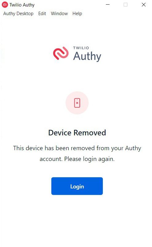 Twilio Authy desktop app showing a Device Removed message