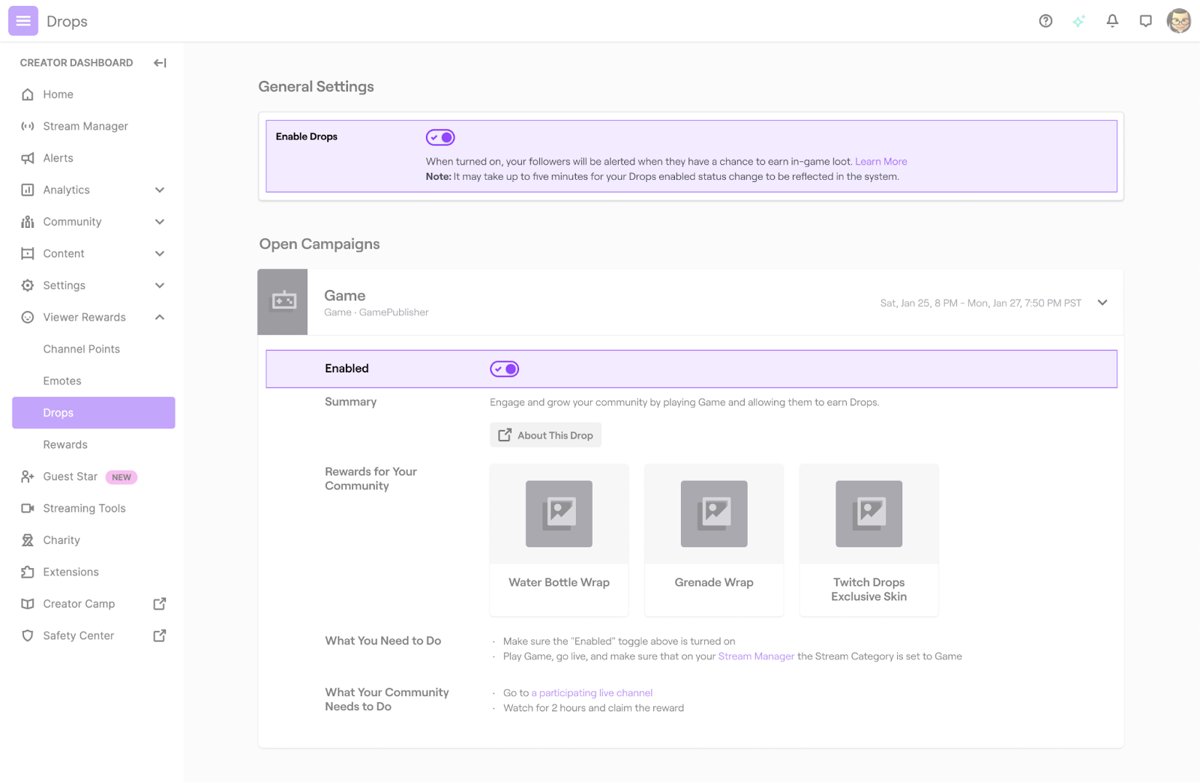 Twitch Creator Dashboard Drops settings with the Enabled toggle on