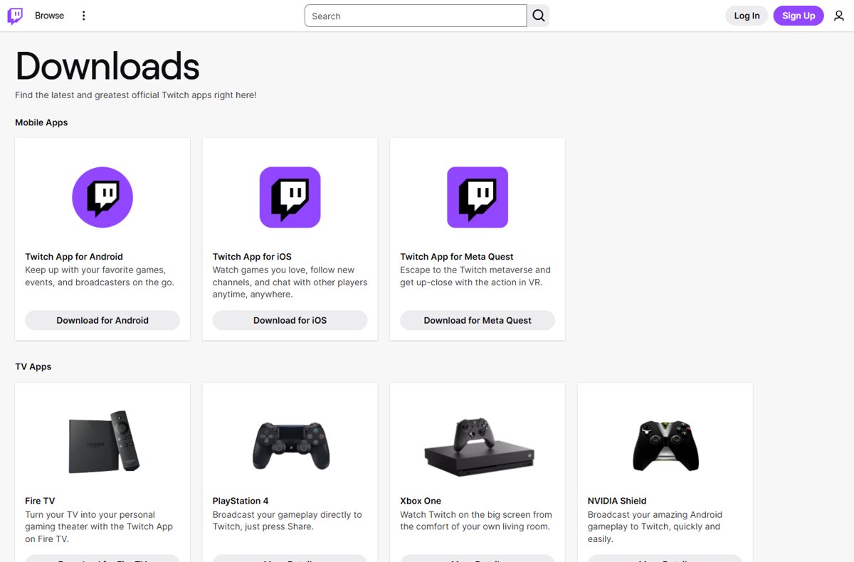 Twitch Downloads page listing only mobile and TV apps