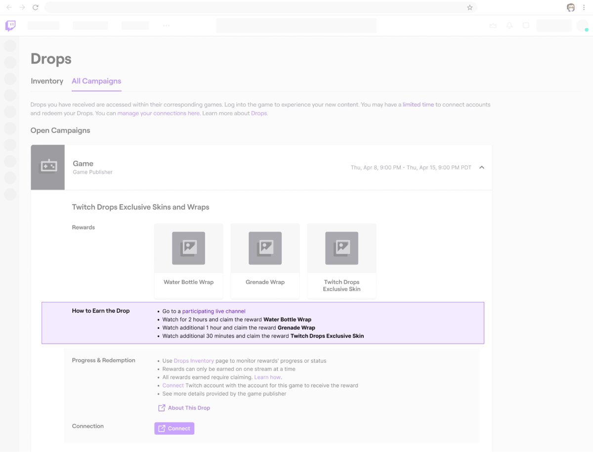 Twitch Drops campaign page listing rewards and a Connect button