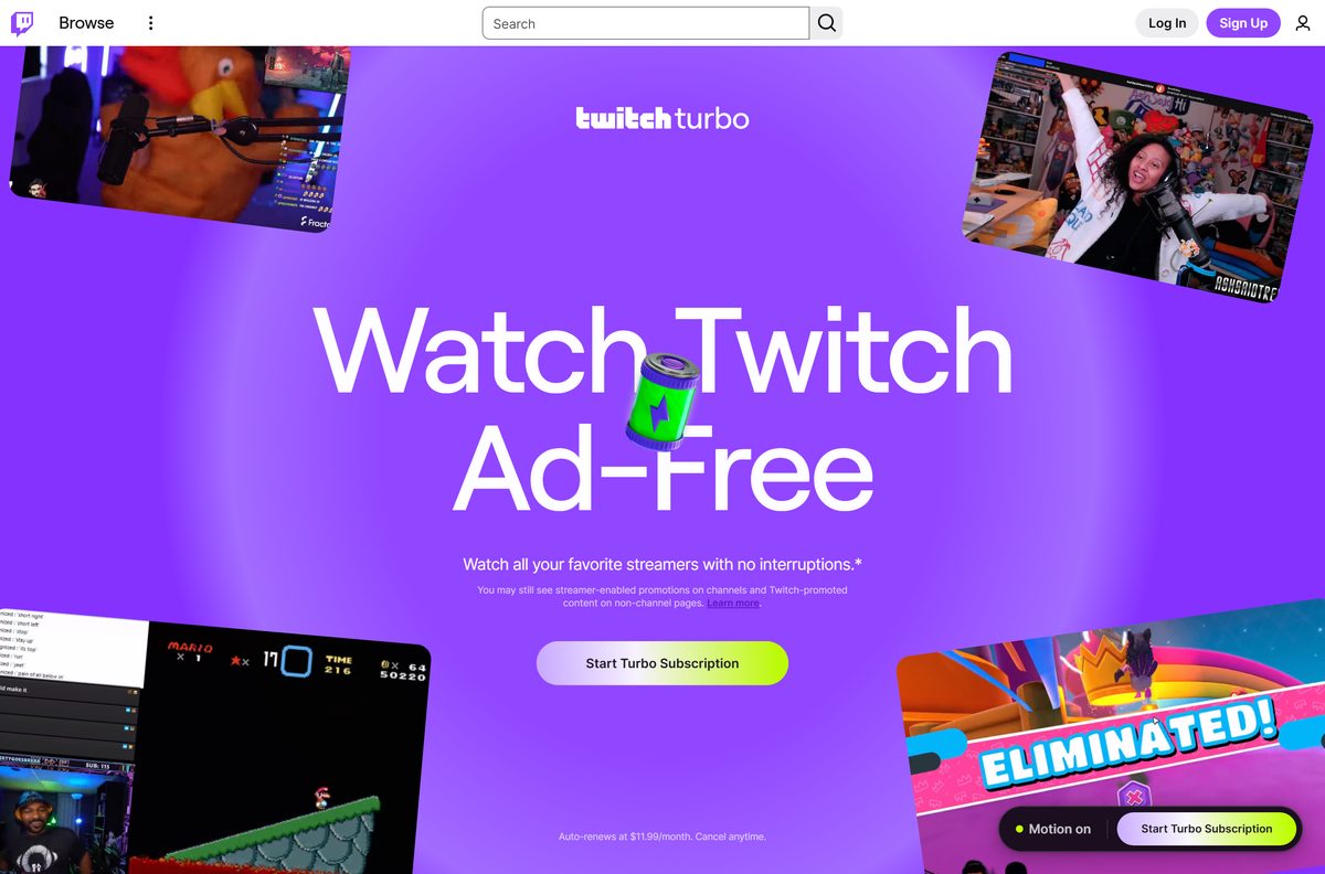 Twitch Turbo page showing the ad-free subscription and its price