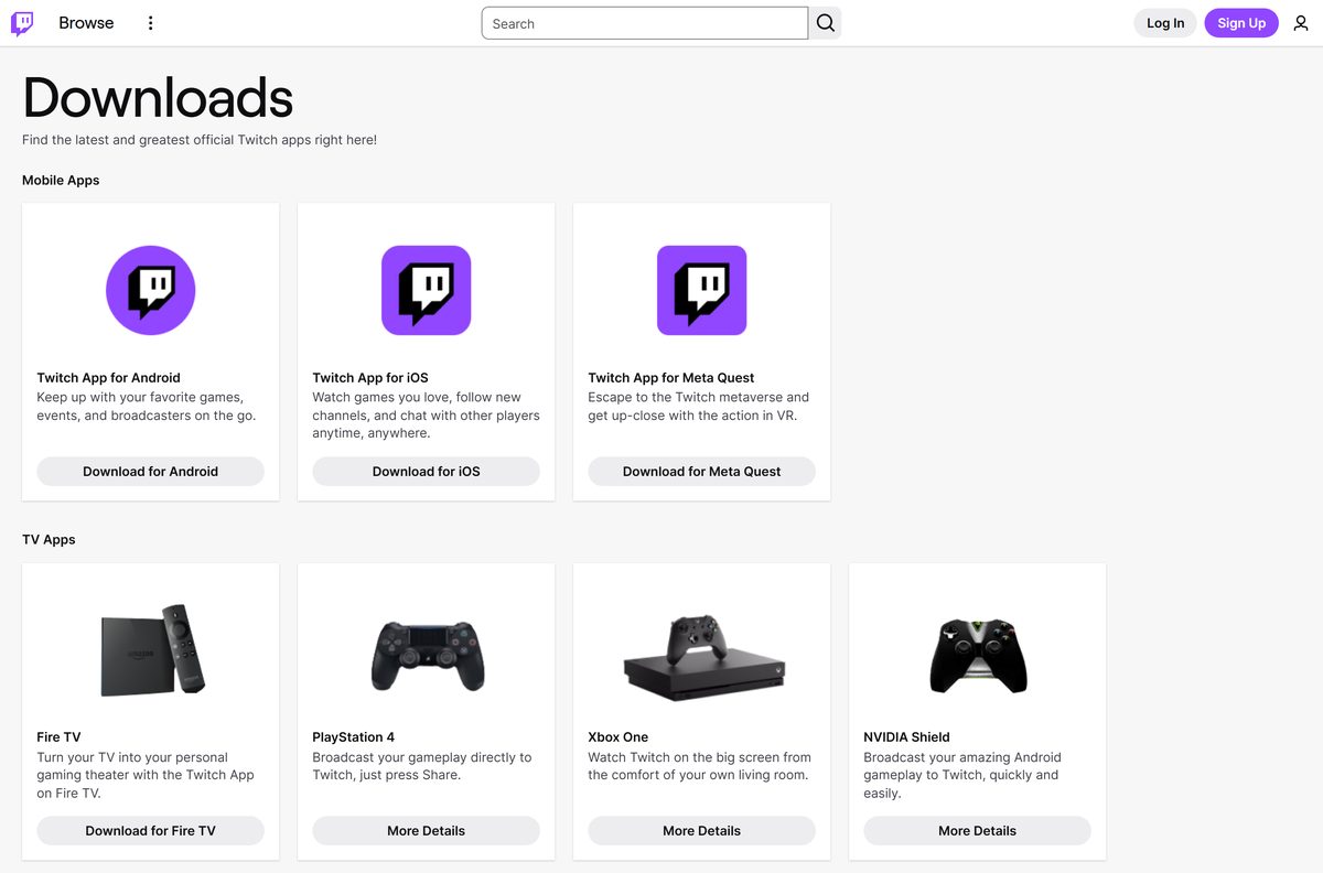 Twitch downloads page listing mobile and TV apps with no Windows section