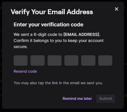 Twitch email verification dialog with a six-digit code field