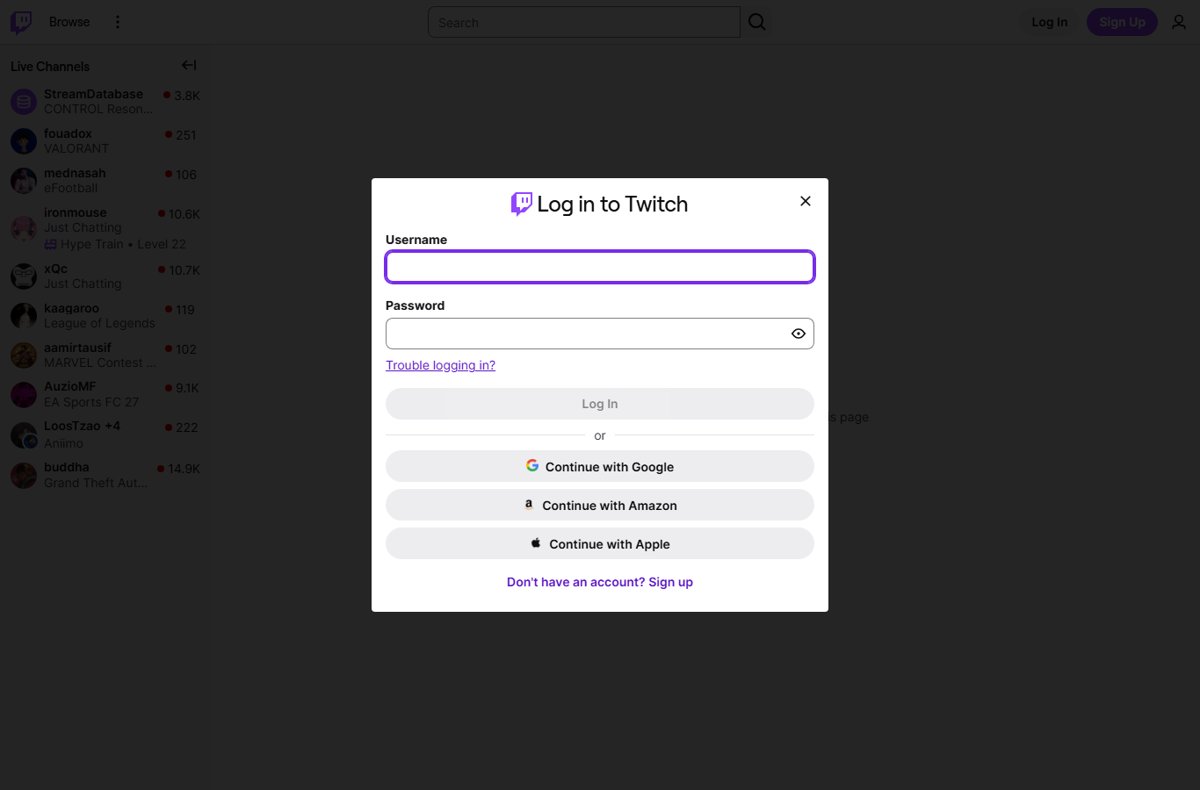 Twitch login modal with Username and Password fields open