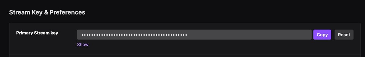 Twitch stream key panel with Copy and Reset buttons