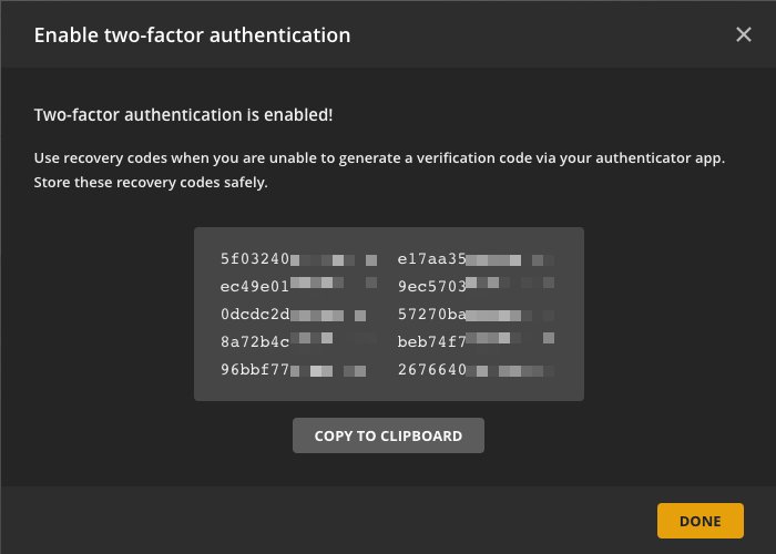 Two-factor authentication recovery codes displayed after enabling it on Plex