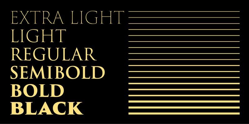 Type specimen showing six font weights from Extra Light to Black