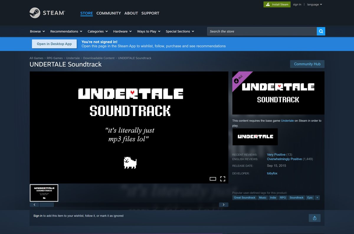 Steam page for the Undertale soundtrack add-on