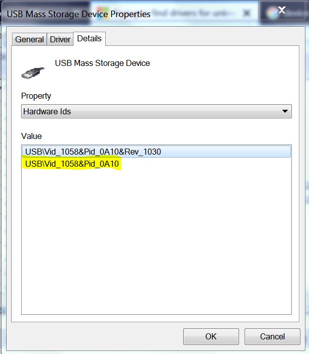USB Mass Storage Device Properties showing a Hardware Ids value with VID and PID