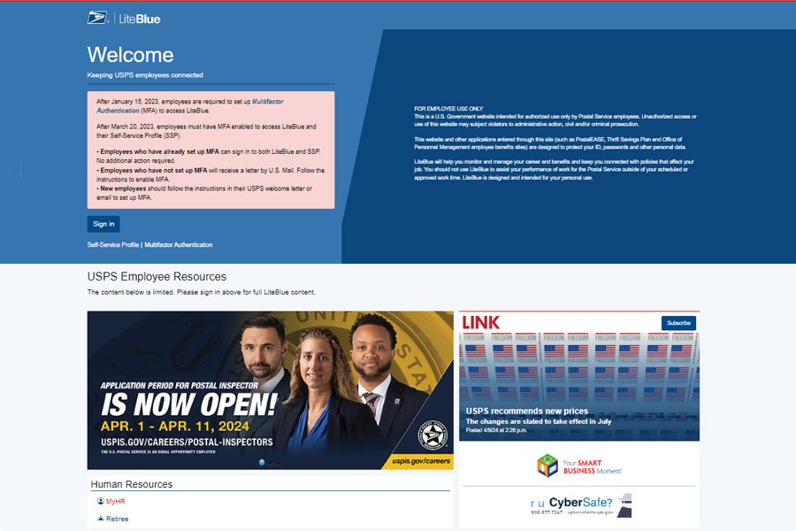 USPS LiteBlue welcome screen with Sign in button and MFA notice