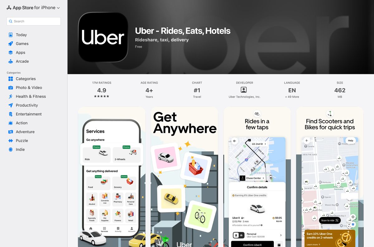 App Store listing for Uber showing its size and device support