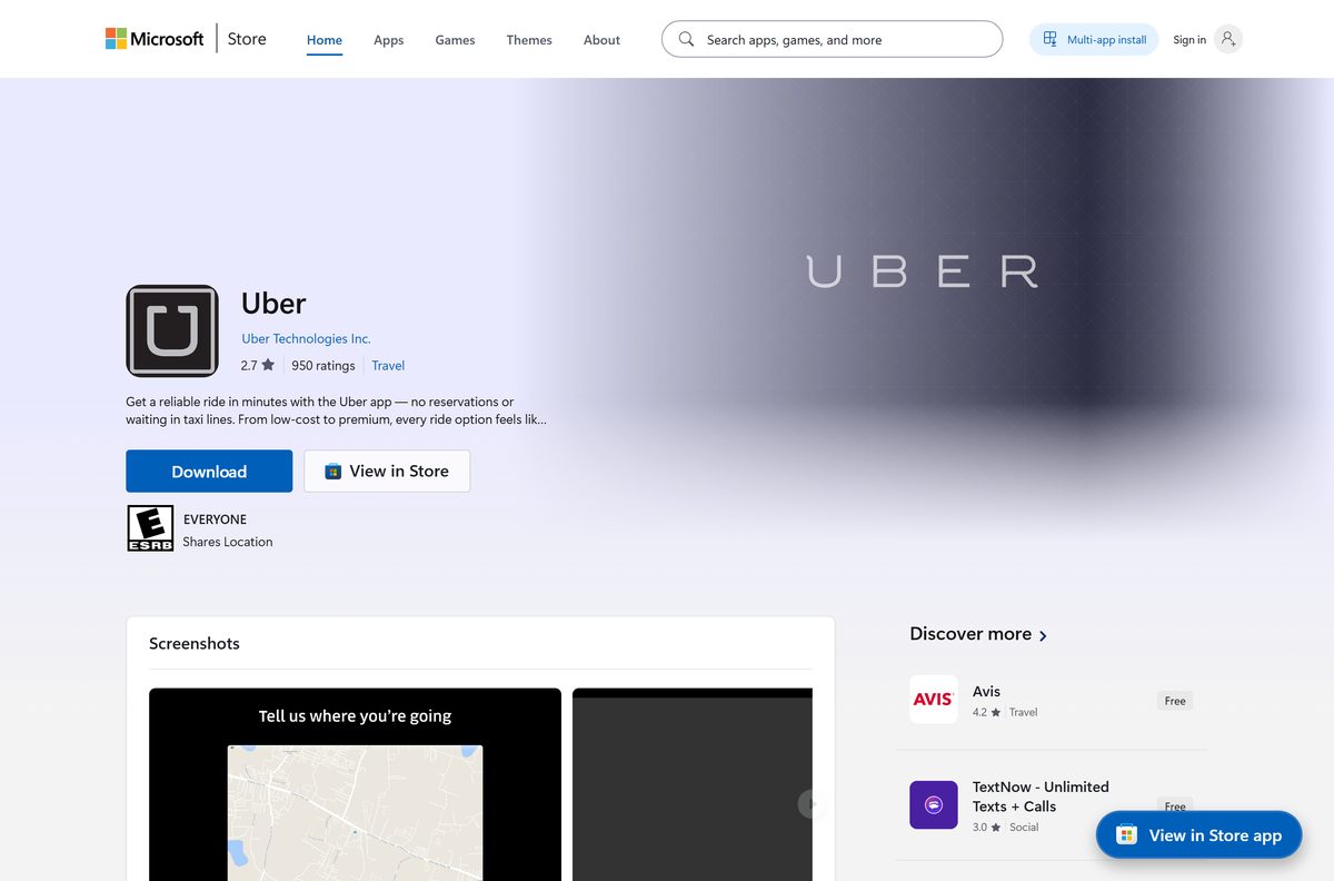 Microsoft Store listing for Uber with its publisher and rating
