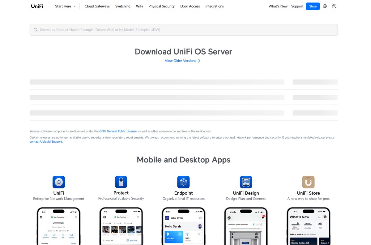 Ubiquiti downloads page listing server builds for Windows, Mac and Linux
