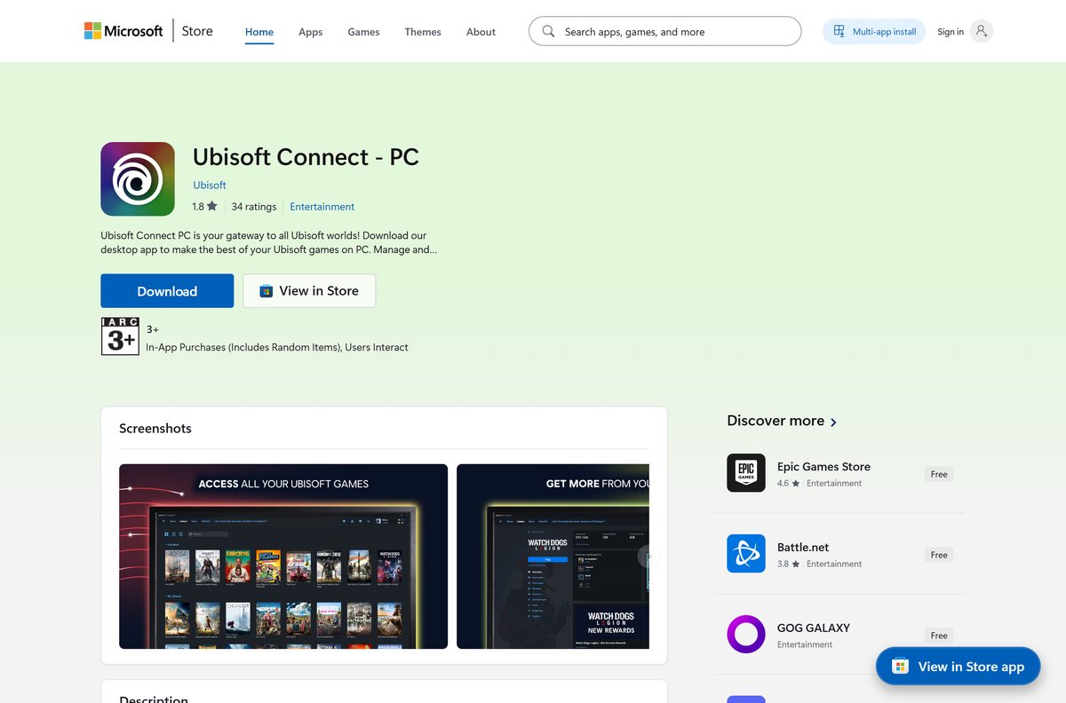 Microsoft Store listing for Ubisoft Connect with its Free price and publisher