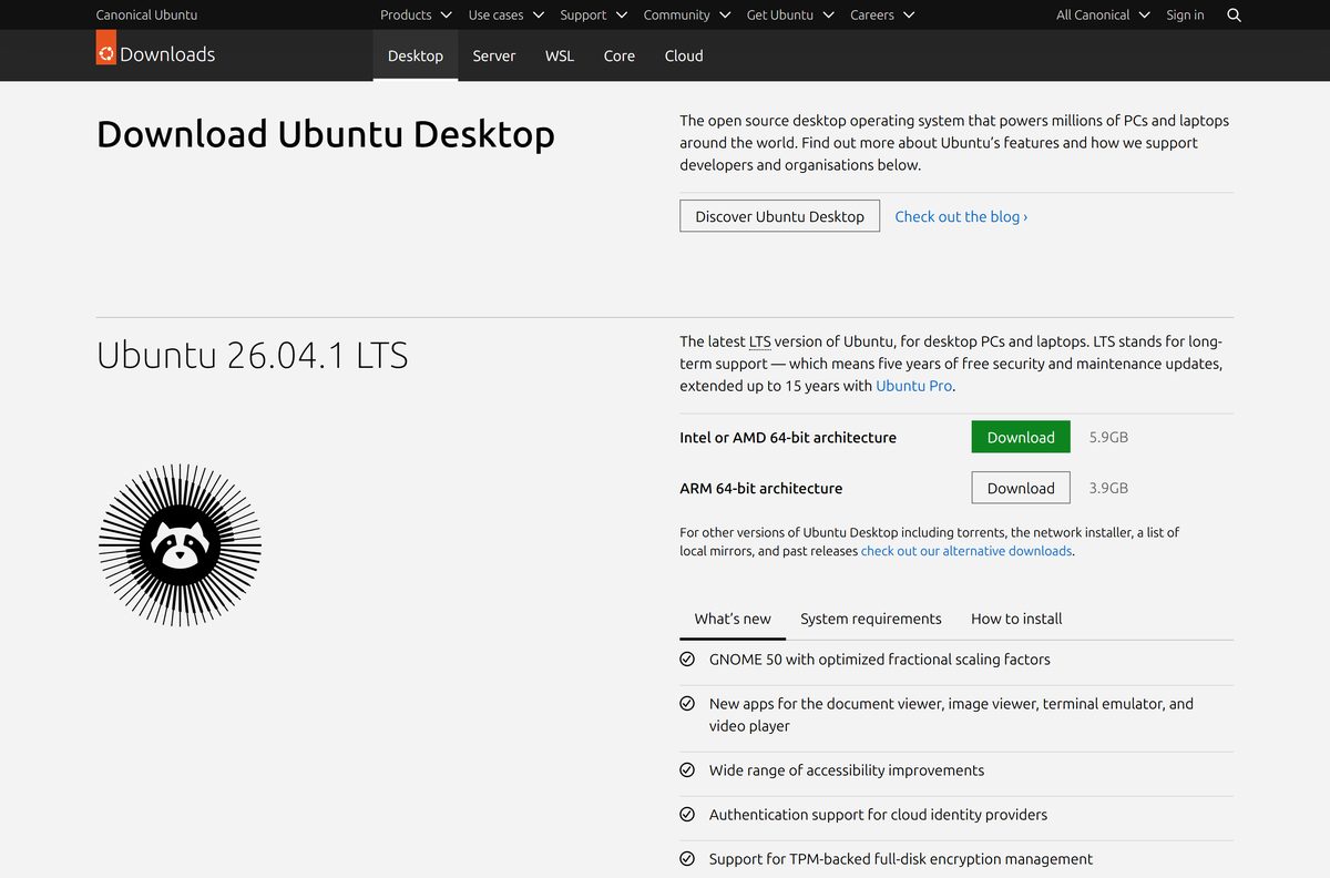 Ubuntu Desktop download page with Intel and ARM buttons