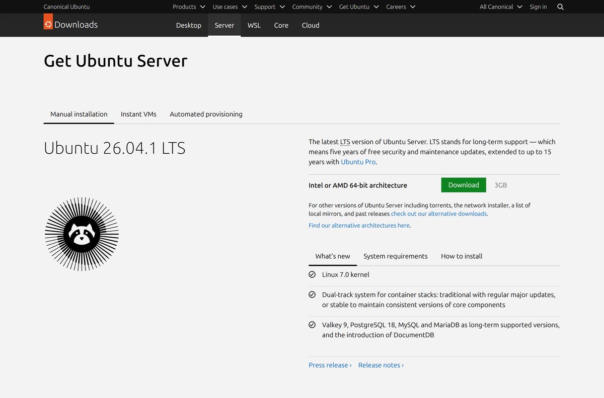 Ubuntu Server download page with the 26.04.1 LTS button