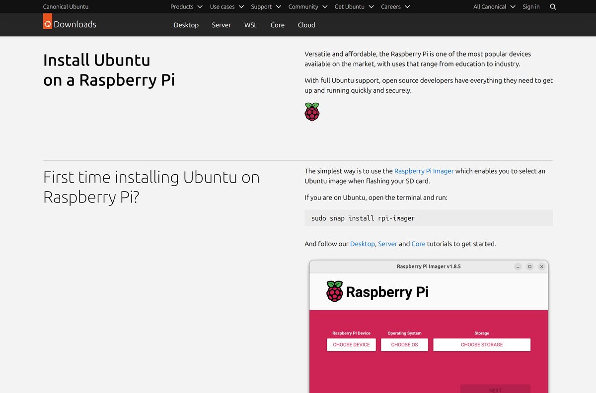 Ubuntu Raspberry Pi download page listing Server and supported boards