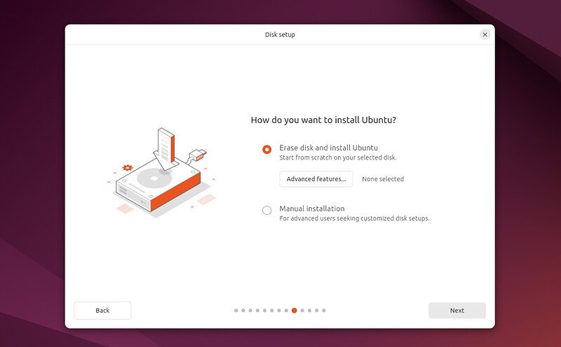 Ubuntu installer disk setup with Erase disk and install Ubuntu selected