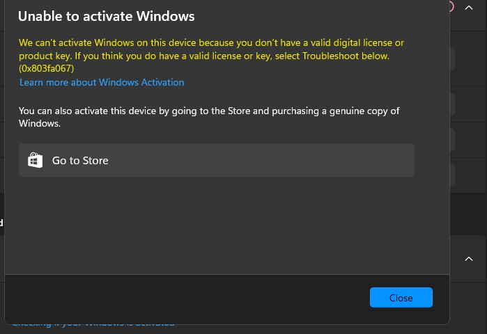 Unable to activate Windows dialog with an error code and Go to Store button