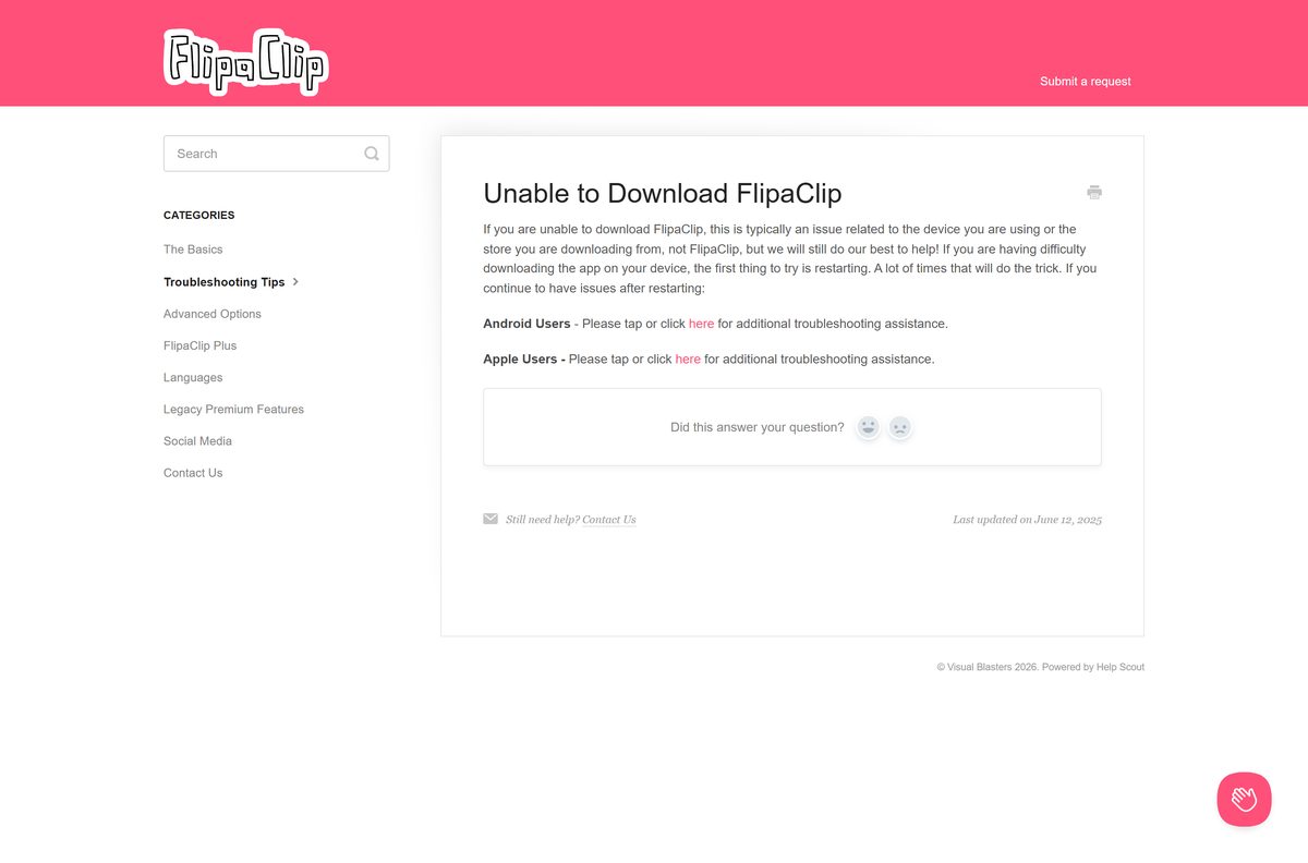 FlipaClip support article for fixing failed app downloads