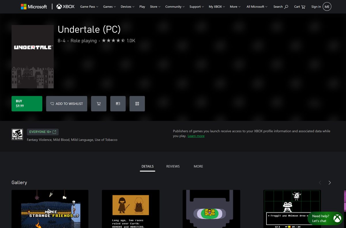 Microsoft Store listing for Undertale (PC) with its price