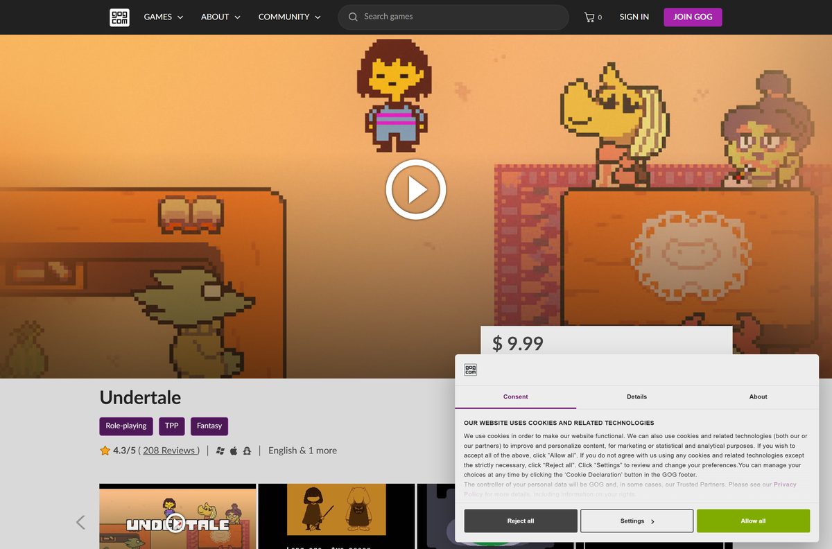 GOG product page for Undertale showing price and system requirements