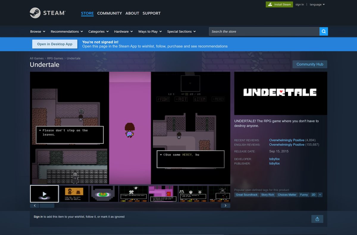 Steam store listing for Undertale with its purchase button